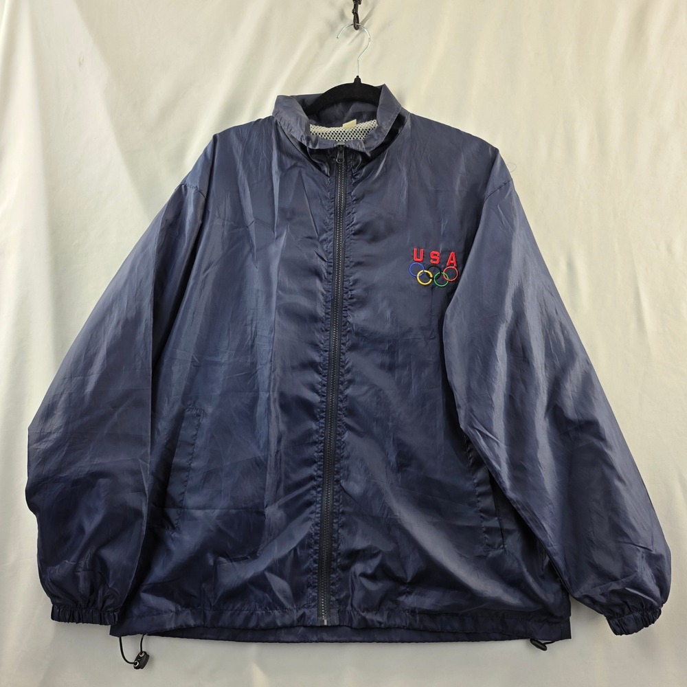 USA Vintage Olympic Rings Windbreaker Jacket Navy Blue Full Zip Men Size XL 2908
